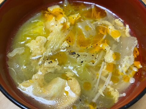 創味シャンタンで作る、えのきと白菜の酸辣湯スープ